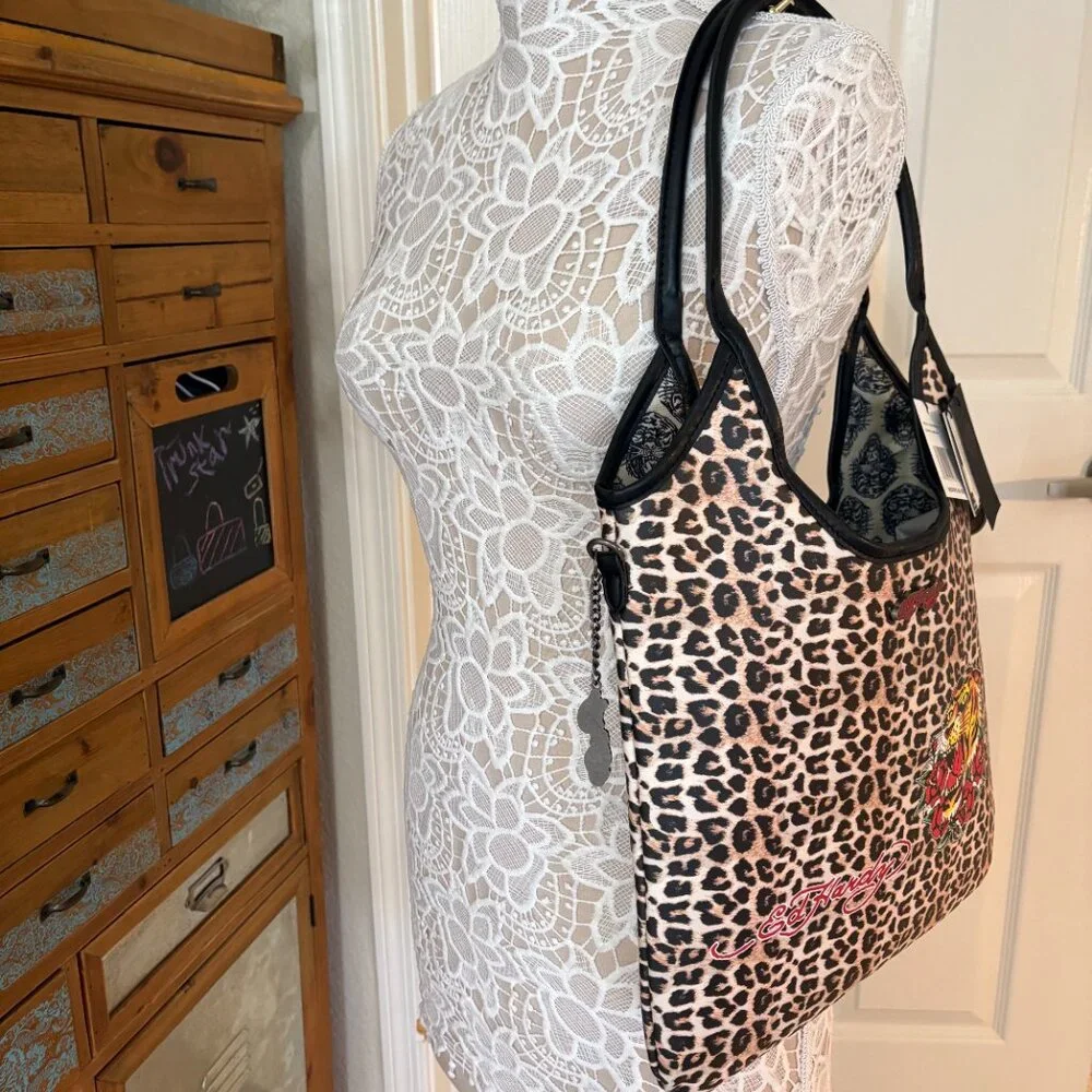Ed Hardy Cheetah Tote / Animal Print Bag- Double Handle Purse - Y2K - NWT